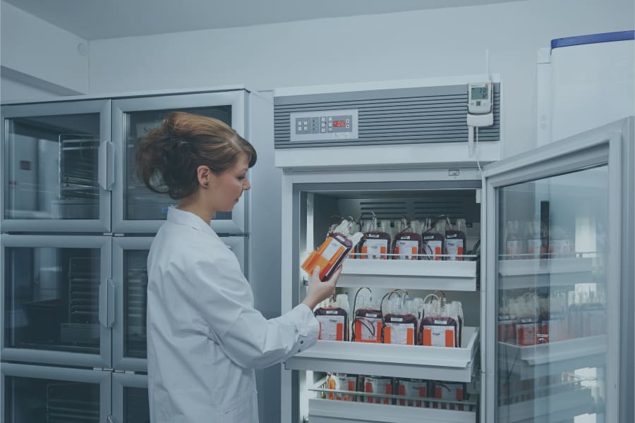 Monitoring a refrigerator with a blood bag using the testo 150 data logger.