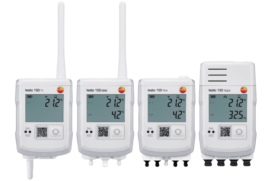 testo 150 data loggers with various connections.