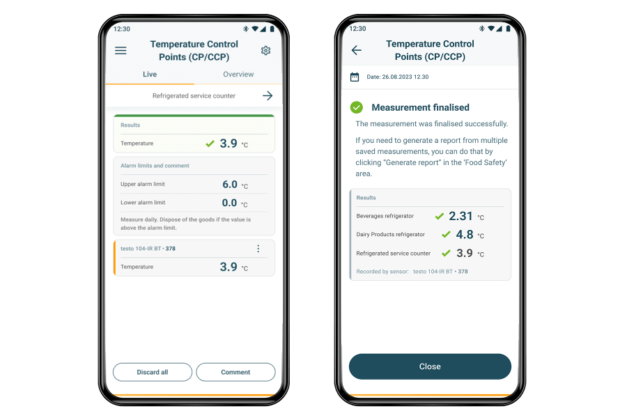 testo Smart App screen measurement results