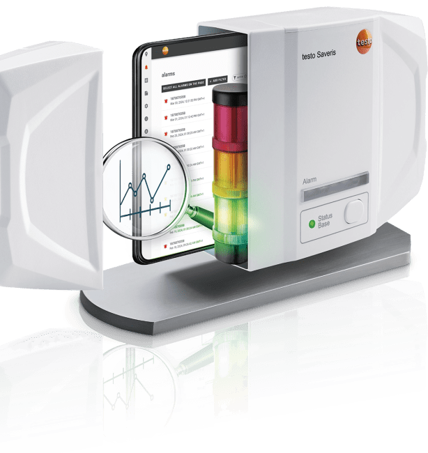 testo Saveris 1 base with software, signal lamp and analysis symbol. 