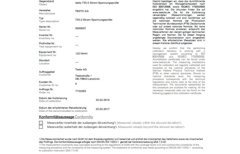 ISO-Kalibrierzertifikat f&uuml;r Strom-Spannungspr&uuml;fer