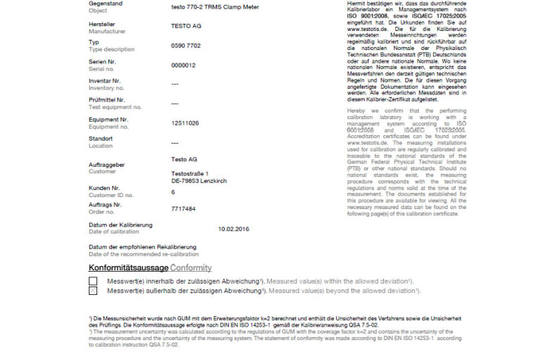 ISO-Kalibrierzertifikat f&uuml;r Stromzange