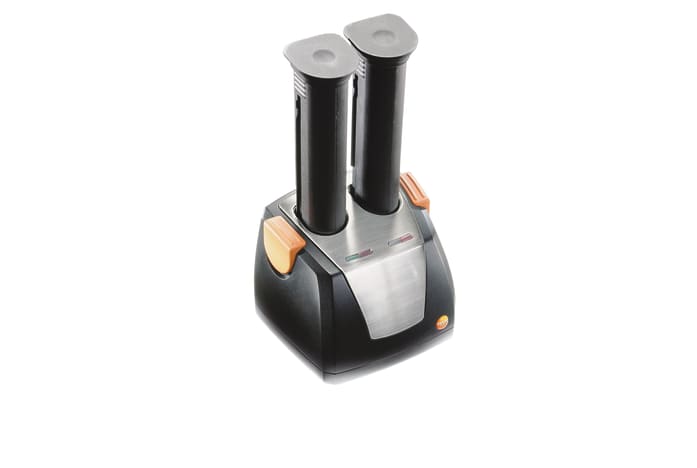 Desktop charging station for two rechargeable batteries