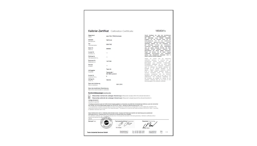 ISO calibration certificate for multimeters