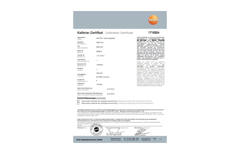 Certificado de calibraci&oacute;n ISO para el detector de tensi&oacute;n