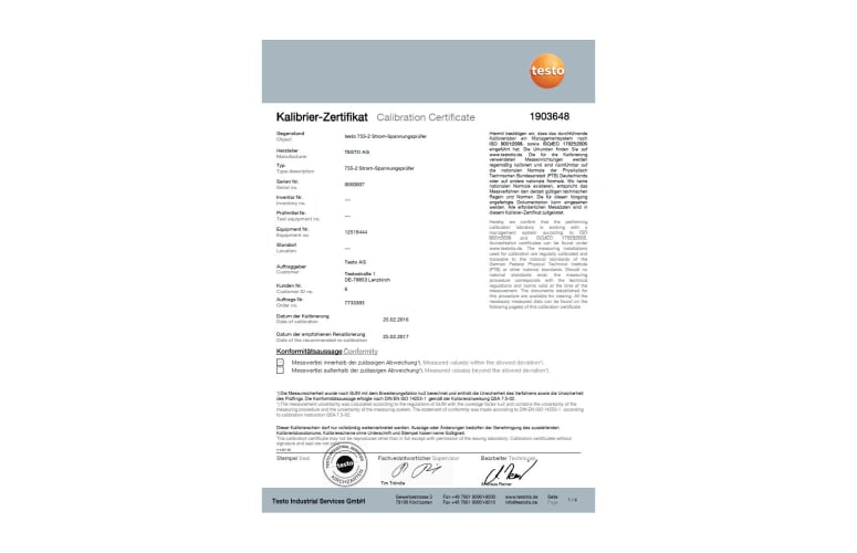 ISO calibration certificate for current/voltage testers