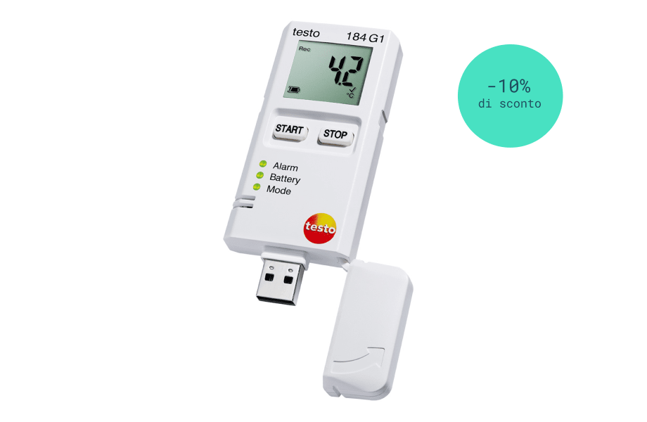 Data logger USB per temperatura, umidit&agrave; e urti testo 184 G1