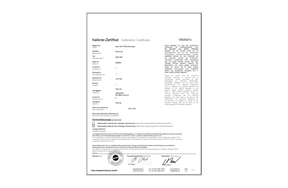 Certificat d'&eacute;talonnage ISO pour  le multim&egrave;tre