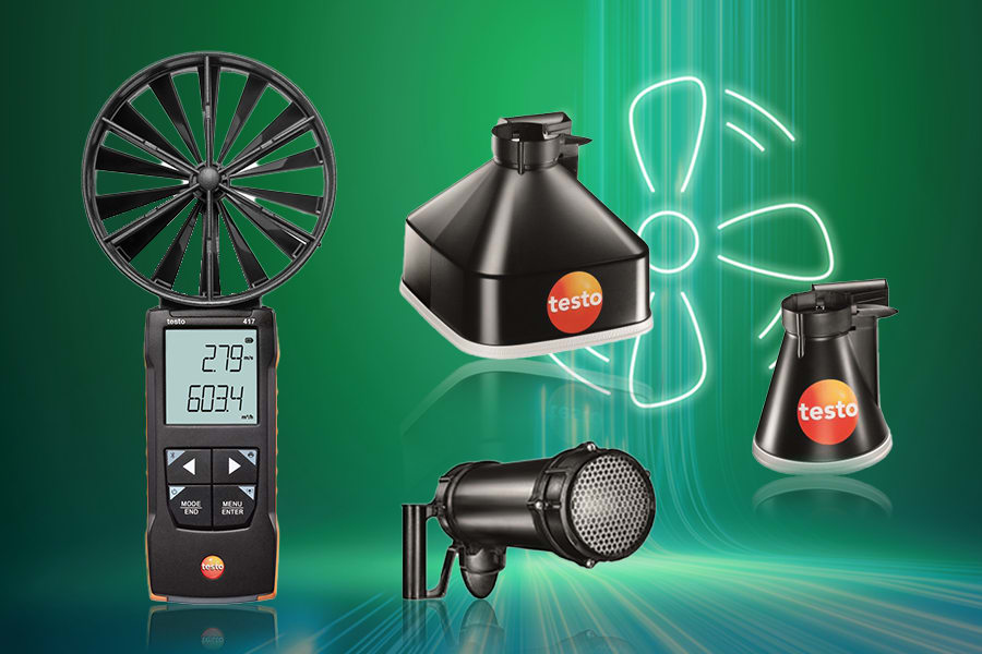 Anemômetro de palheta testo 417 com funis de medição e retificadores