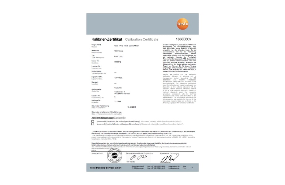 ISO calibration certificate for clamp meters